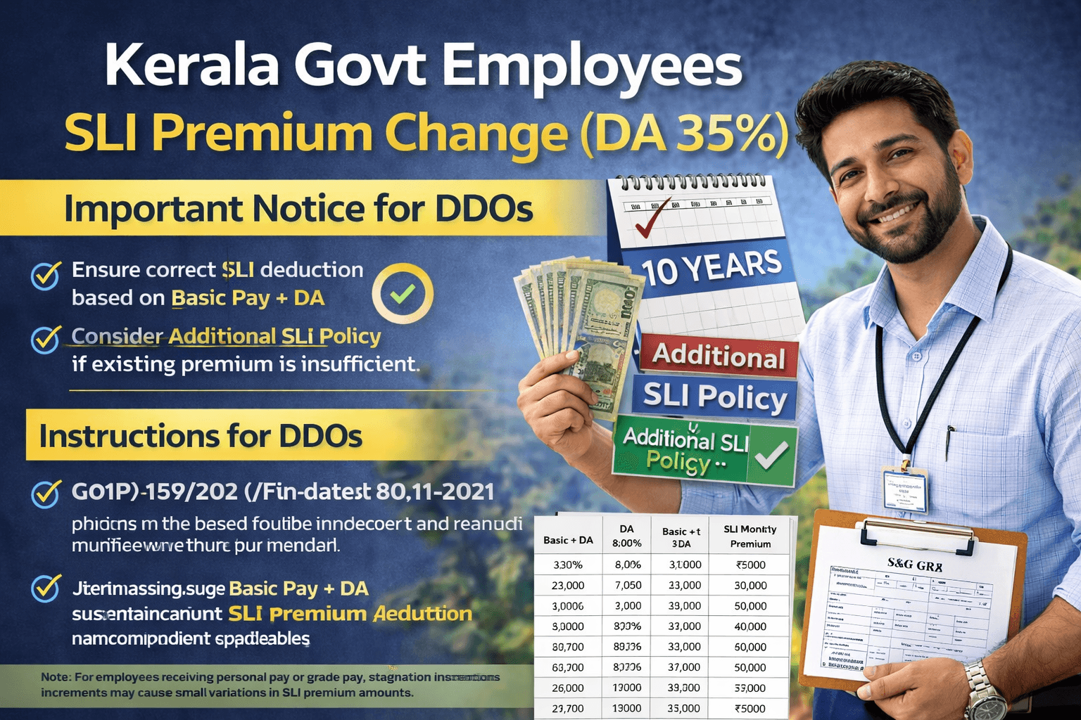 DA 35% ആയതോടെ Kerala സർക്കാർ ജീവനക്കാരുടെ SLI premium മാറ്റം. DDO നിർദ്ദേശങ്ങളും പുതിയ SLI premium പട്ടികയും.