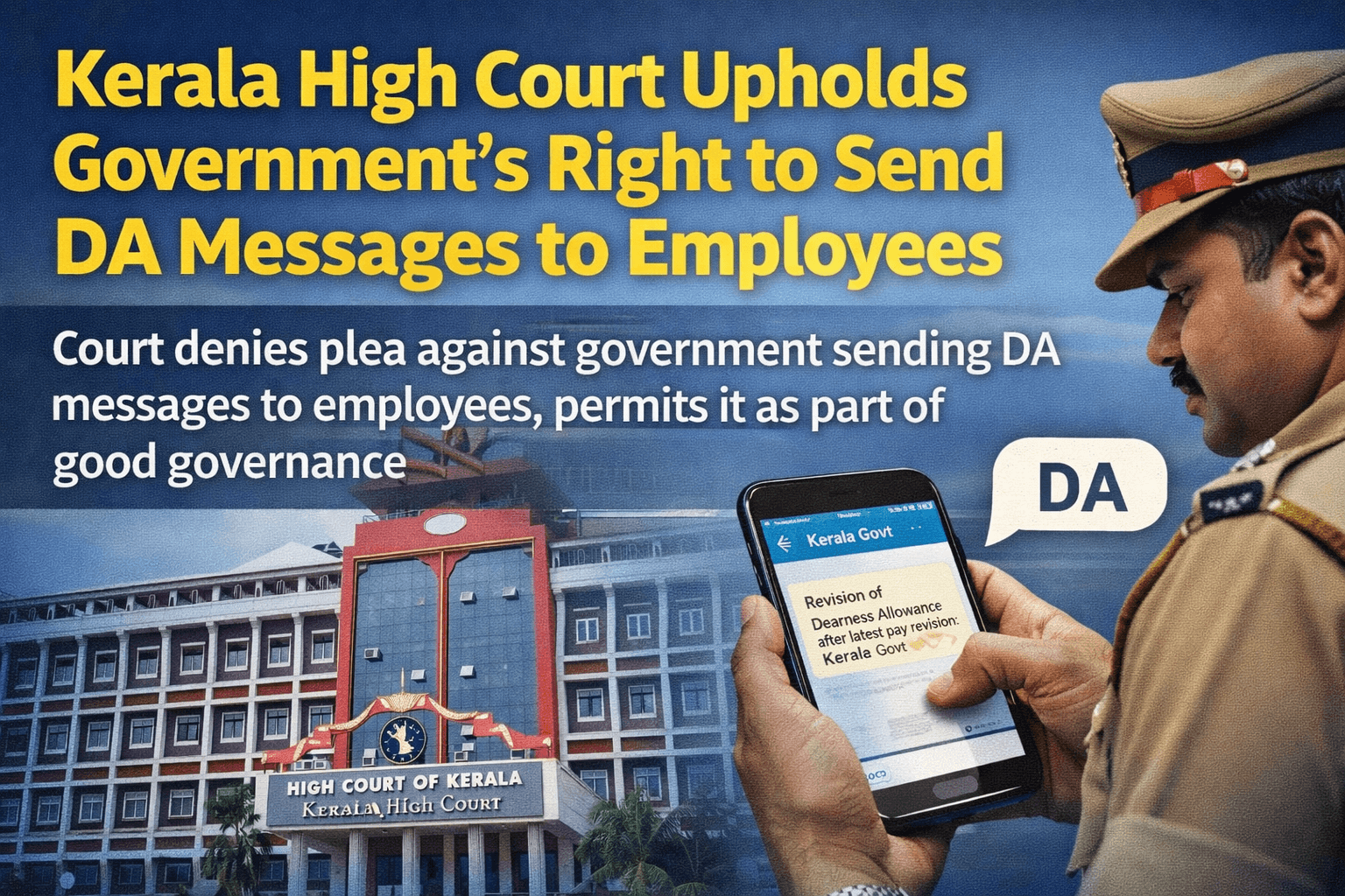 ഡി.എ സന്ദേശം നിയമവിരുദ്ധമല്ല: സർക്കാരിന് സന്ദേശം അയക്കാം  — ഹൈക്കോടതി